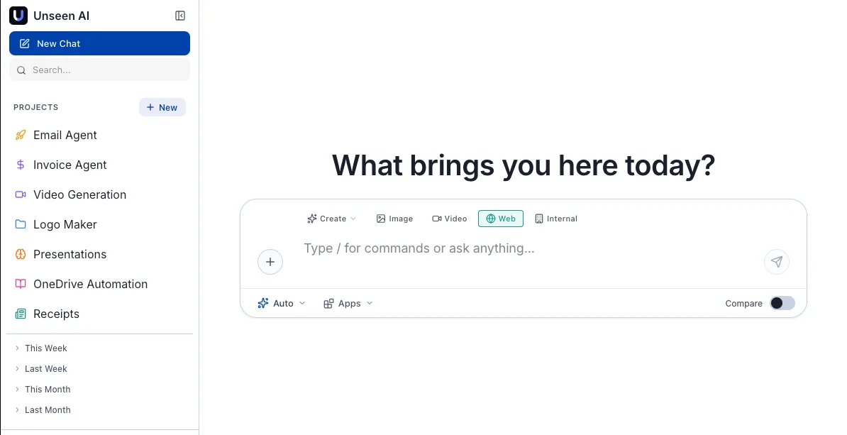 Secure AI Chat home screen with projects in the sidebar and a prompt box offering create, image, video, web and internal modes